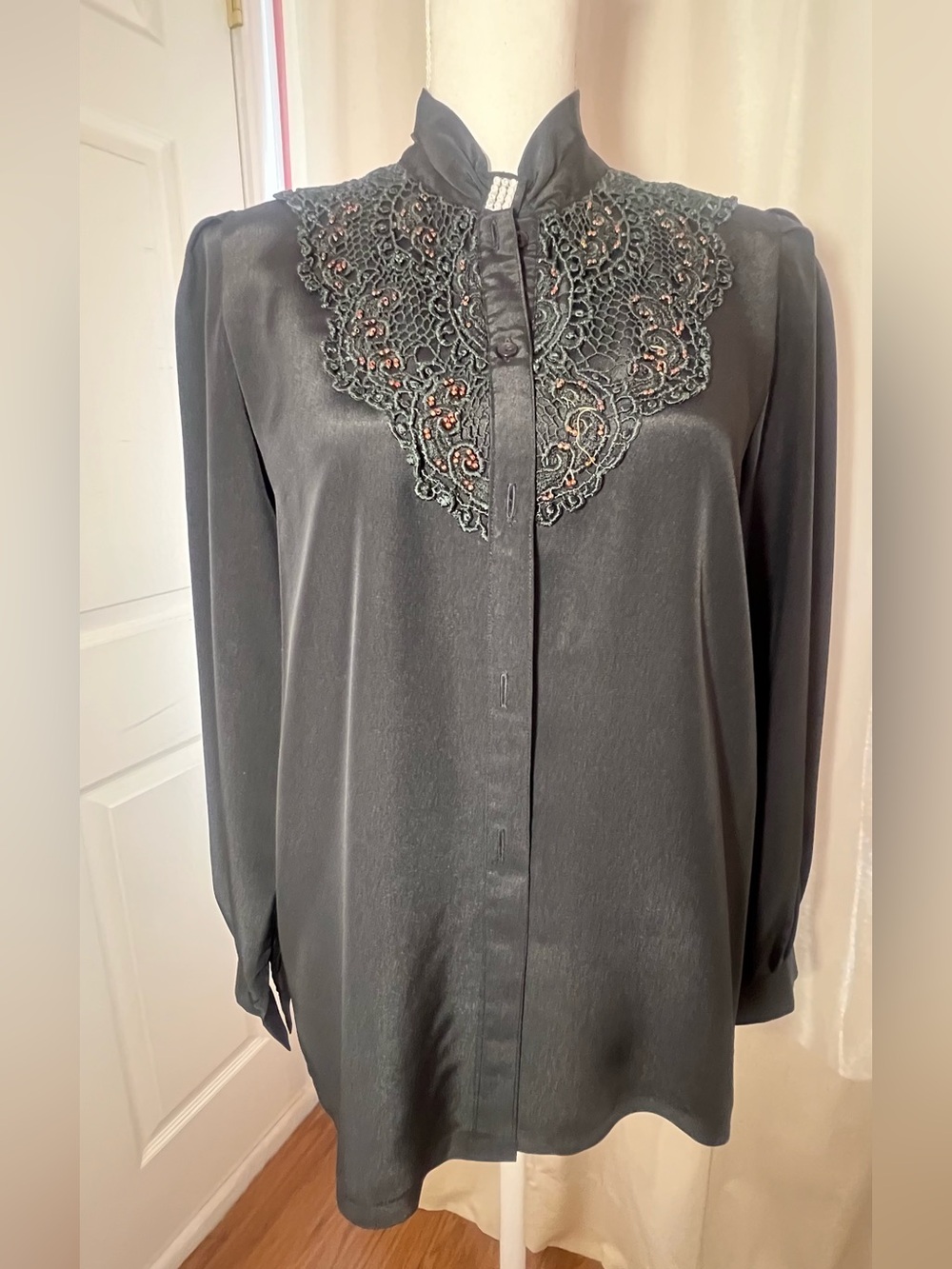 Vintage Black Blouse with Lace Yoke